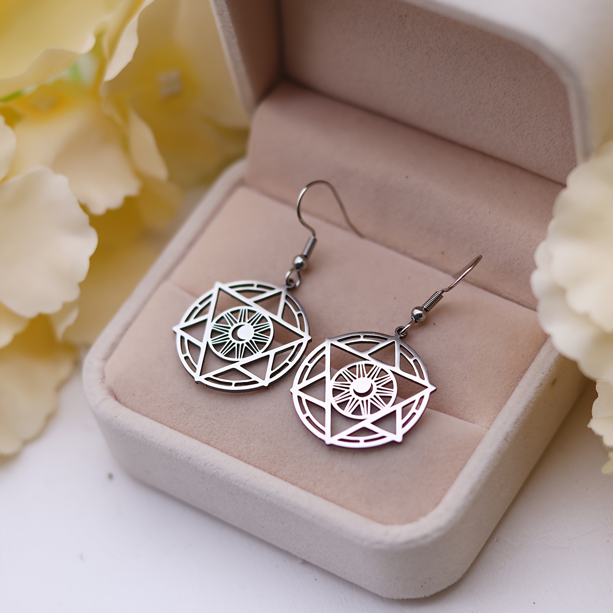 Stainless Steel Star of David & Crescent Sun Charms Earrings